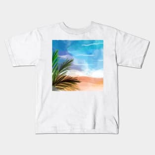 Pretty Watercolor Shoreline with Palm Fronds Kids T-Shirt